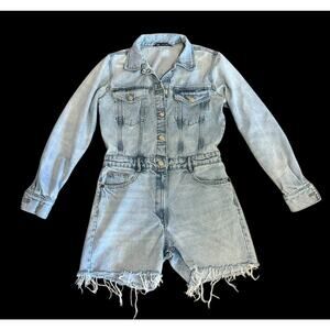 Zara Denim Distressed Shorts Romper Women's size Medium Jumpsuit